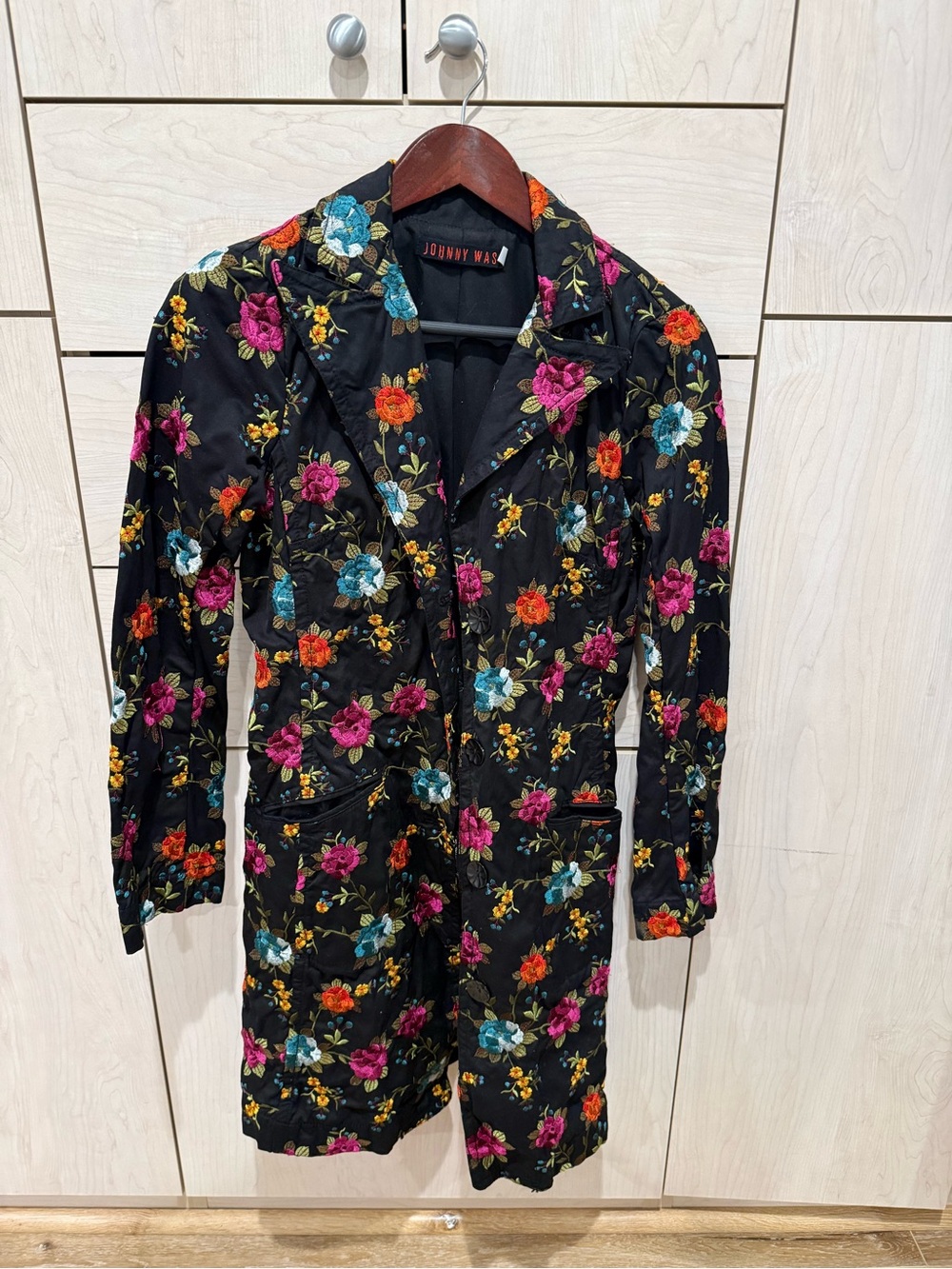 Johnny Was Black Floral Embroidered Coat with Multicolor Blooms